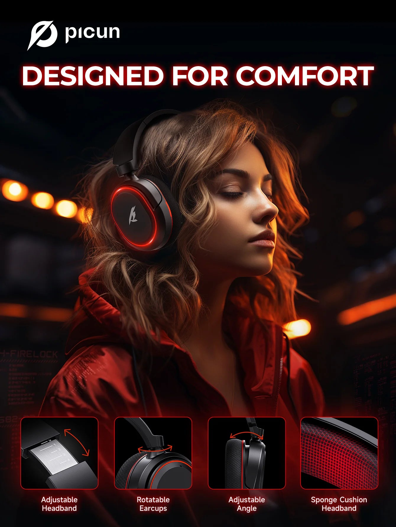 Picun G2 kabelloses Gaming-Headset Bluetooth 5.3 – 7.1-Surround-Sound, ENC-Mikrofon, 100H Akku, Low-Latency-Kopfhörer für PC, PS5, PS4, Switch & Mobile