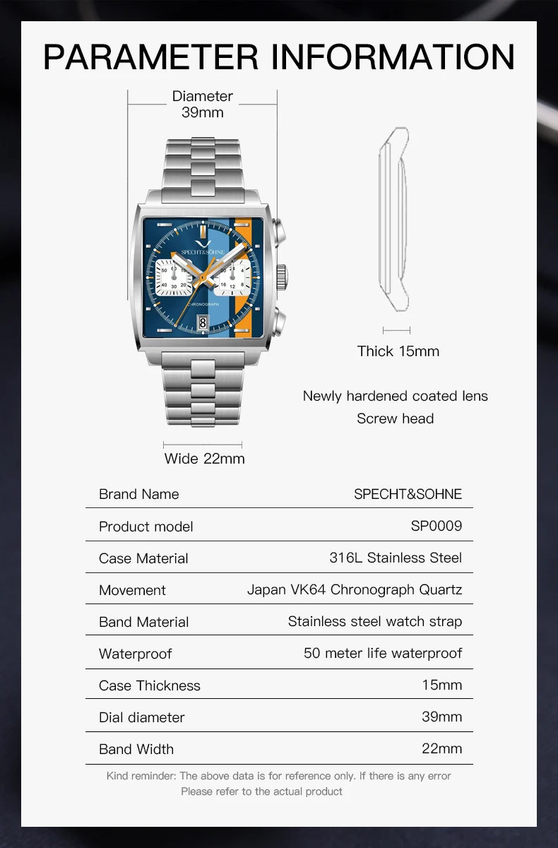 Specht & Sohne New Classic herreur med kvartsværk, blå, rustfrit stål, japansk VK63-værk, ægte læder, Montre Homme 39 mm