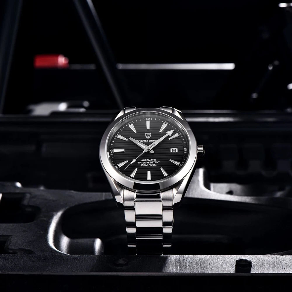 Luxe herenhorloge van PAGANI DESIGN – Mechanisch automatisch model (kaliber 8215), van roestvrij staal, waterdicht, met datumweergave en lichtgevende wijzers