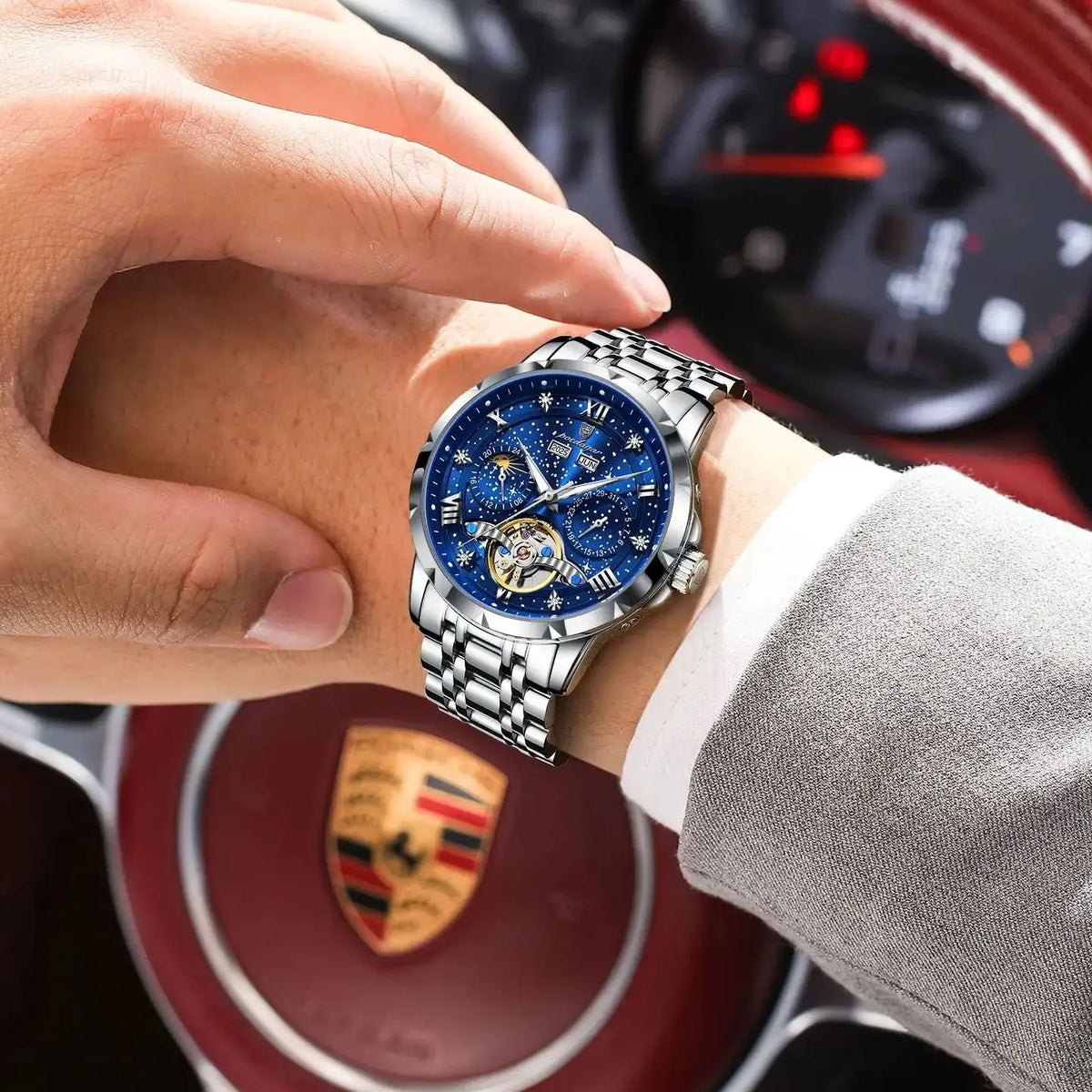 Montre mécanique automatique pour homme POEDAGAR – Modèle haut de gamme, boîtier en acier inoxydable, calendrier, tourbillon apparent