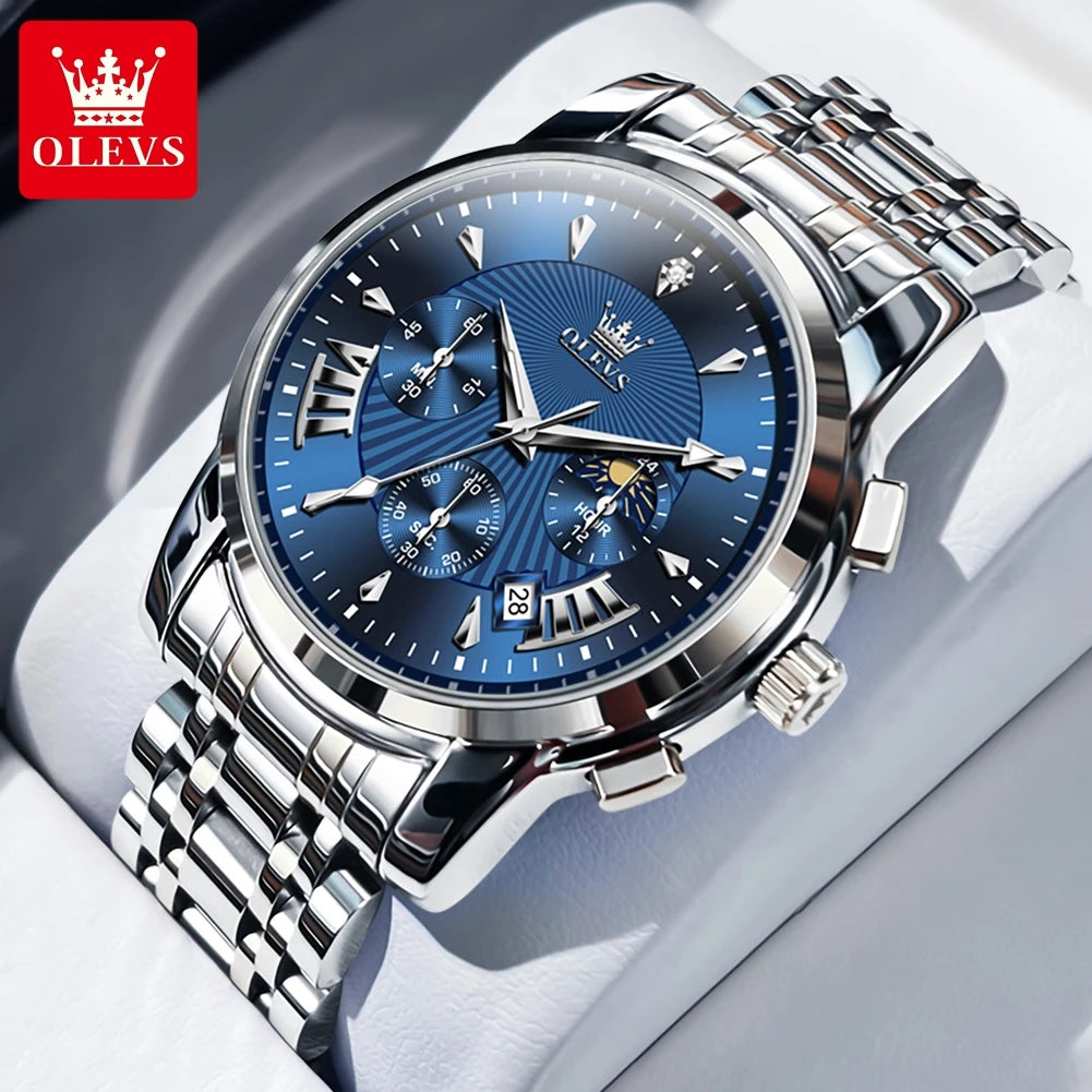 OLEVS – Modische rote Herrenuhr, luxuriöse Sportuhr, wasserdicht, Edelstahl-Chronograph, Quarz-Uhr, Herrenuhr (Relogio Masculino)