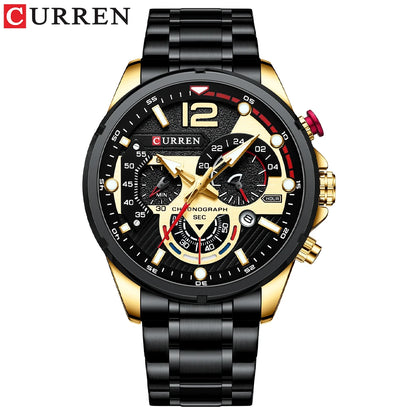 Orologio da uomo CURREN sportivo al quarzo con cronografo, in acciaio inox di lusso con quadrante luminoso