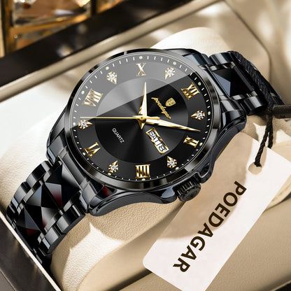 POEDAGAR herenhorloge, origineel luxemodel, waterdicht, verlicht, met datum- en dagweergave, elegante stijl, roestvrijstalen kast, quartz uurwerk, ideaal voor op het werk.