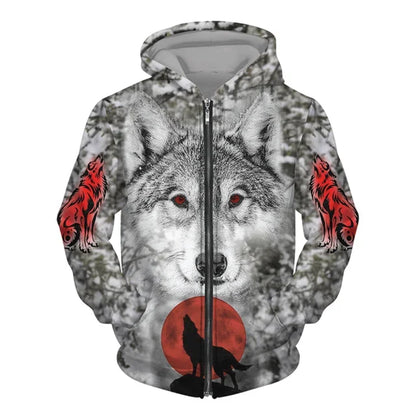 New 3D Wolf Print Men's Hooded Sweatshirt Street Punk Style Zip-up Jumper Oversized Jacket Coat Stylish Vintage Clothes Zip Coat