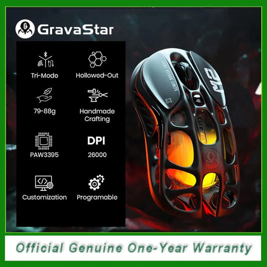 GravaStar Mercury M2 Wireless Gaming Mouse, Lightweight Hollowed-Out Design, 5 Programmable DPI, 26,000 DPI, PAW3395DM Sensor