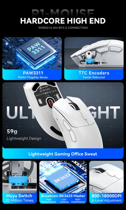 Mouse gaming wireless Attack Shark R1 leggero Bluetooth 2.4G PAW3311 18000DPI ergonomico con macro