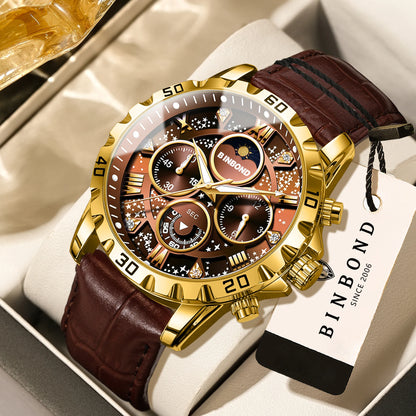 Orologio da polso al quarzo BINBOND, autentico e preciso, da uomo, cronografo di lusso illuminato e impermeabile con cinturino in pelle.