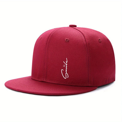 Lettered smiley face print stylish baseball cap for men and women adjustable sun protection woven flat brim sun hat gorras