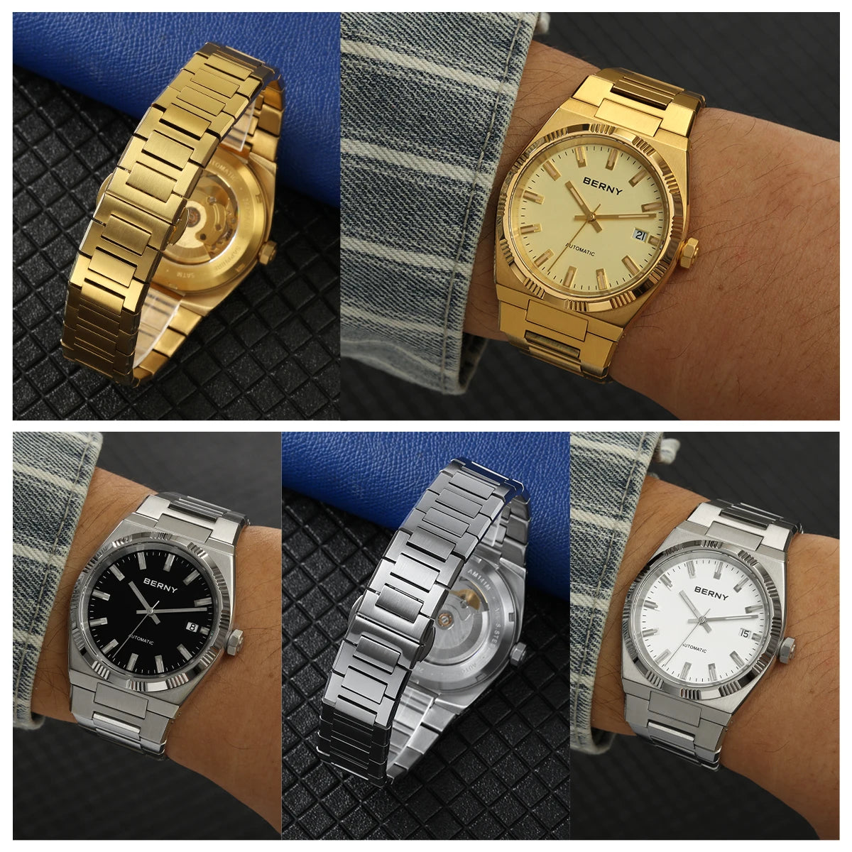 Montre automatique pour homme BERNY, dorée, verre saphir, aiguilles luminescentes, 100 % originale, équipée d'un mouvement PT5000, revêtement antireflet, modèle de luxe avec lunette interchangeable, étanche 5 ATM.