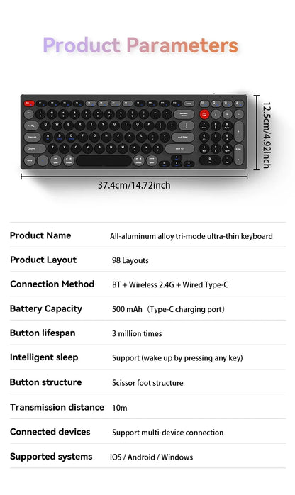 98-Key Ultra-Thin Silent Keyboard with Scissor-Switch, Tri-Mode BT/2.4G/Type-C Connectivity&Ergonomic Design For Typing