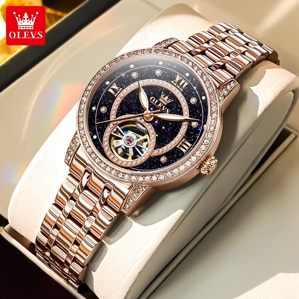 OLEVS Women’s Luxury Automatic Skeleton Watch  Starry Sky Stainless Steel Mechanical Wristwatch