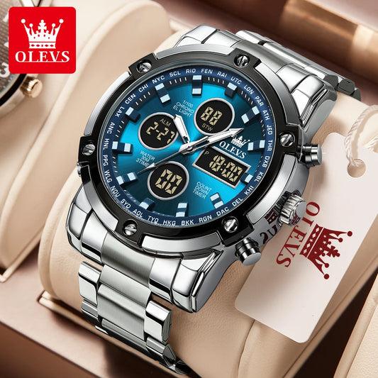 Montre pour homme OLEVS – Montre-bracelet à quartz, étanche, en acier inoxydable, avec affichage LED – Style sportif et tendance (modèle 1106)