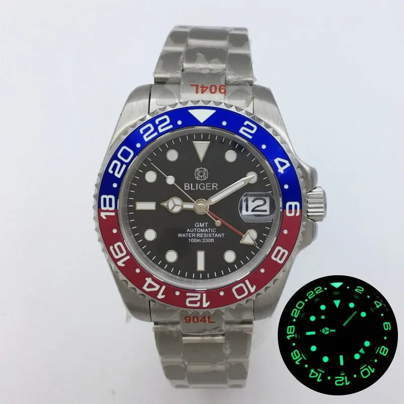 BLIGER 40mm NH34 GMT Watch For Men Mechanical Wristwatch Luminous Bezel Sapphire Glass Stainless Steel Bracelet Reloj Hombre