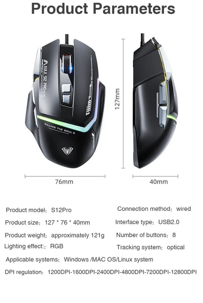 AULA S12Pro kablet mekanisk mus 1000HZ 12800DPI RGB lav latenstid makrodefinitioner esport gamingmus PC-gamer-tilbehør