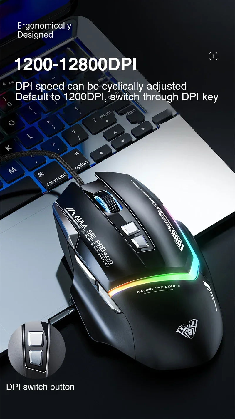 AULA S12Pro kablet mekanisk mus 1000HZ 12800DPI RGB lav latenstid makrodefinitioner esport gamingmus PC-gamer-tilbehør