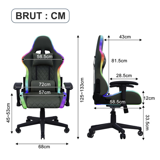 Office Chair, LED gaming chair with ergonomically adjustable backrest, PU leather office chair, lumbar support cushion & pillow