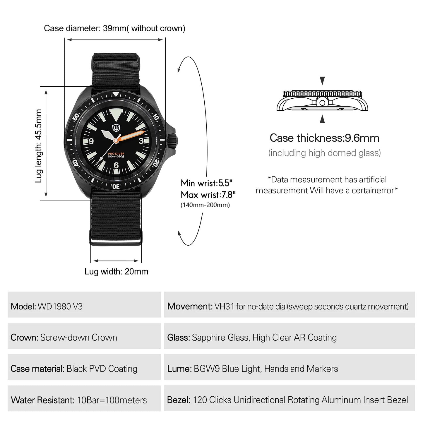 Orologio di lusso da uomo Watchdives WD1980 V3 con movimento al quarzo VH31 Sweep Seconds, vetro zaffiro con rivestimento AR e impermeabilità 10Bar