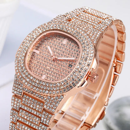 2022 New Iced Out Women Watch Gold Silver Color Square Diamondd Quartz Luxury Hip Hop Wrist Watches Roman Clock Gift boyfriend