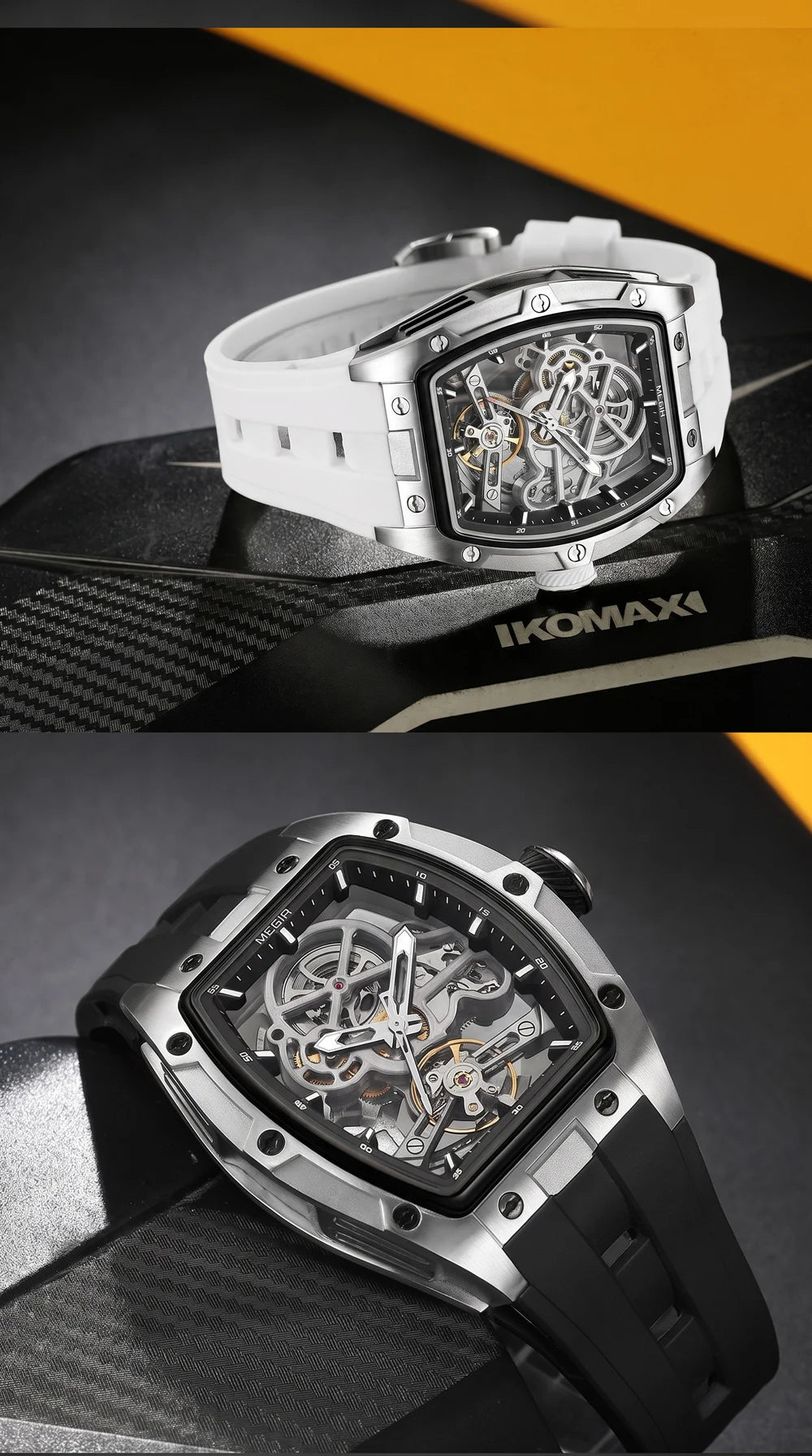 Montre mécanique pour homme MEGIR, forme tonneau, cadran squelette ajouré, style sportif, bracelet en silicone, montre automatique de luxe