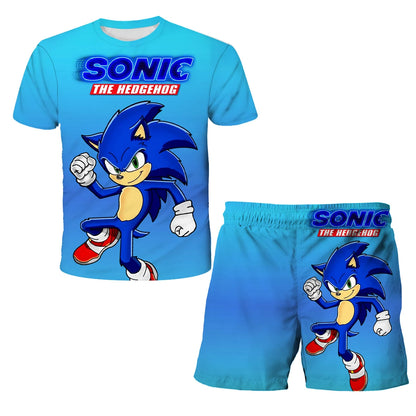 New Boys T-shirt Sonic The Hedgehog 3D T-shirt Set for Boys Girls Cute Summer Top + Shorts Children's Short-Sleeve Birthday Gift