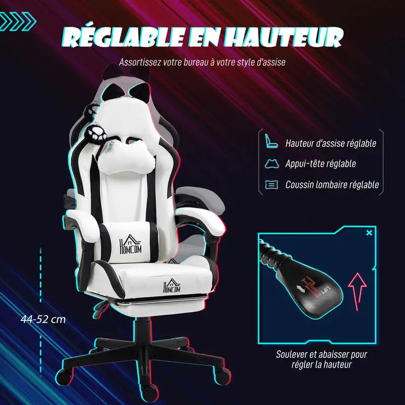 Cute Cat Gaming Chair with Removable Cat Ears, Retractable Footrest, Adjustable Height, Lumbar Support, 360° Swivel Reclining Gamer Chair
