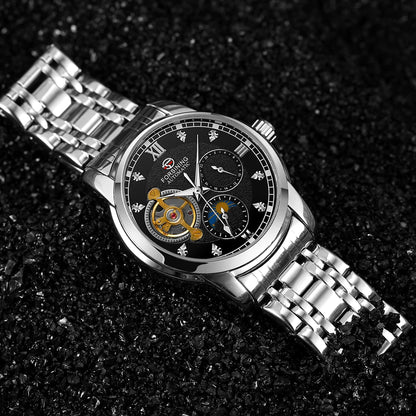 Ceas mecanic automat pentru bărbați Forsining – Stil de lux, business și fashion, brățară metalică, tourbillon, ace luminescente, împodobit cu diamante artificiale