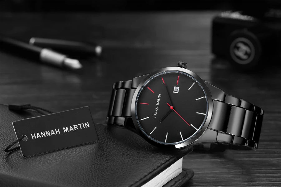 Pánské hodinky Hannah Martin, pouzdro z nerezové oceli, quartzový strojek, ciferník o průměru 41 mm, profesionální styl, s ukazatelem data (imitace)