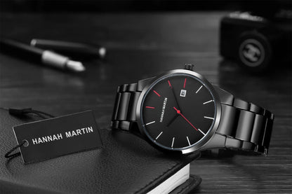 Pánské hodinky Hannah Martin, pouzdro z nerezové oceli, quartzový strojek, ciferník o průměru 41 mm, profesionální styl, s ukazatelem data (imitace)