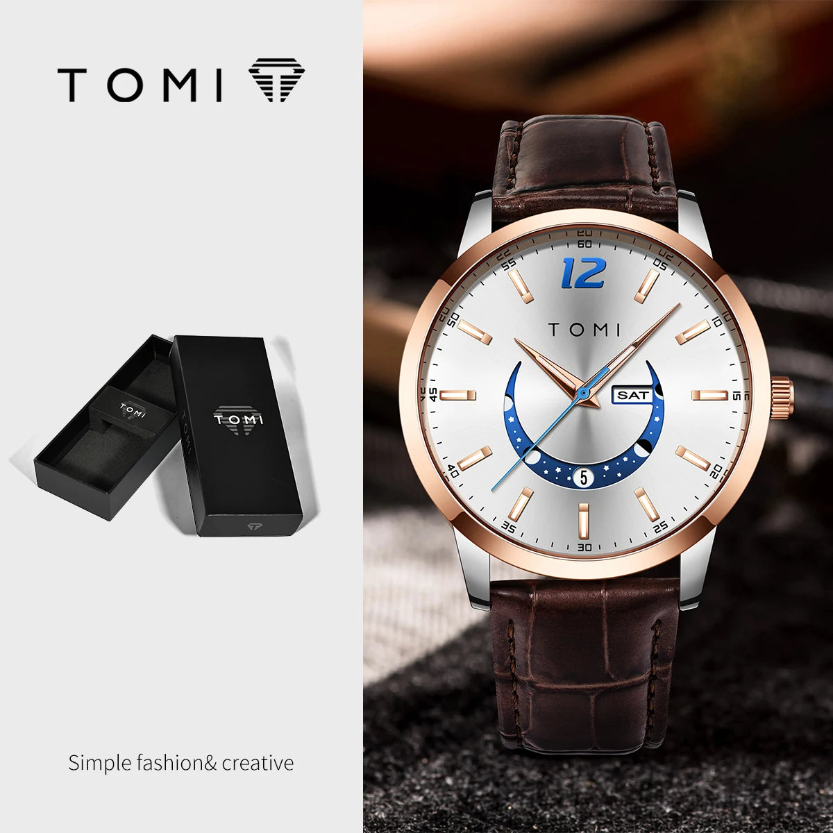 Montre à quartz TOMI, style business et élégant, avec bracelet en cuir, boîtier en alliage et cadran à aiguilles – Design haut de gamme, idée cadeau pour homme