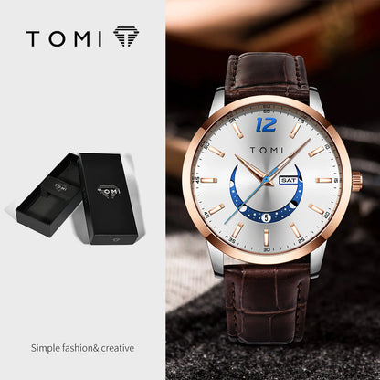 Montre à quartz TOMI, style business et élégant, avec bracelet en cuir, boîtier en alliage et cadran à aiguilles – Design haut de gamme, idée cadeau pour homme