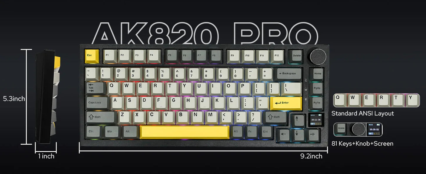 Ajazz AK820 Pro 75% mechanische Tastatur mit Gasket-Mount, Bluetooth 5.1/2.4G, kabellos/kabelgebunden, mit TFT-Bildschirm für Mac/Win