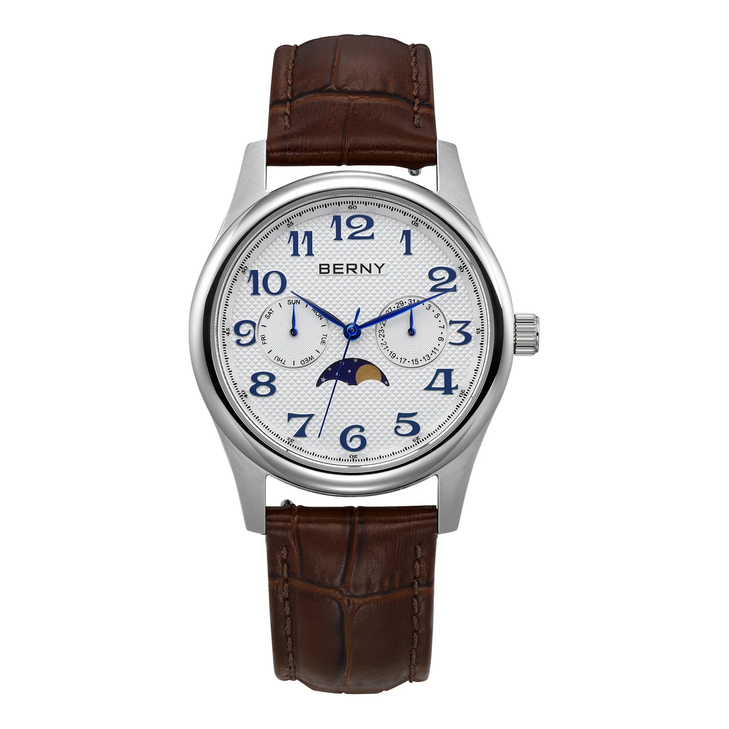 BERNY Watches for Men Moon Phase Quartz Men's Watch Day and Date Calendar Easy Read Vintage-Style Business Dress Wristwatch