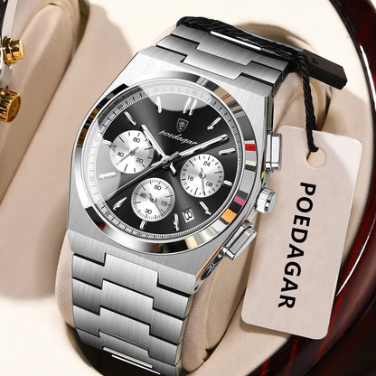 POEDAGAR Herrenuhr – Luxuriöser Chronograph aus Edelstahl, mit Datumsanzeige, wasserdicht und leuchtend – Sportliche Quarz-Armbanduhr