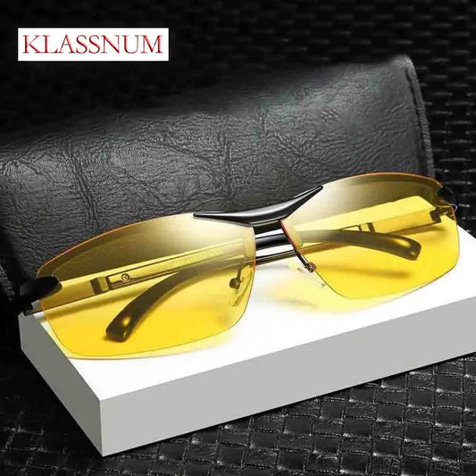 KLASSNUM Men Fashion Cycling Rimless Sunglasses Photochromic Polarized Shades Color Changing Fishing Car Driving Yellow Glasses
