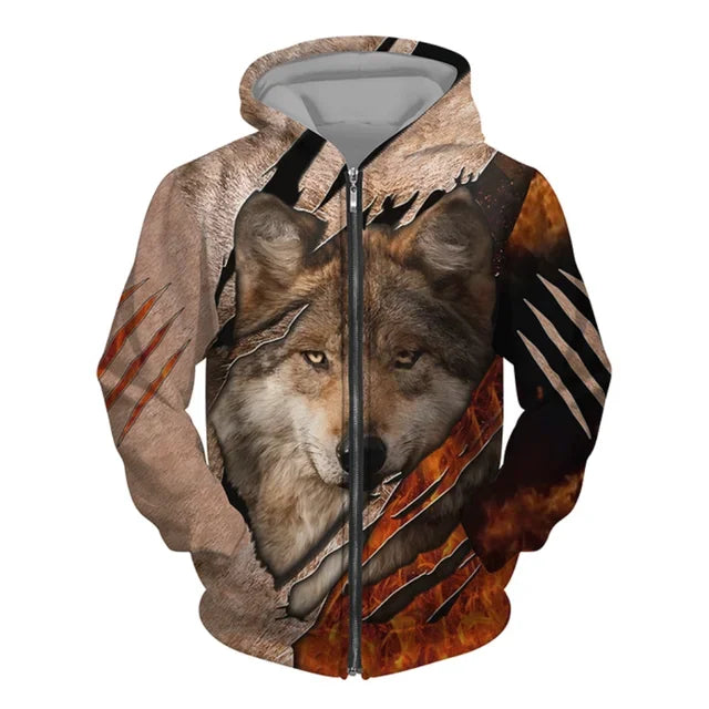 New 3D Wolf Print Men's Hooded Sweatshirt Street Punk Style Zip-up Jumper Oversized Jacket Coat Stylish Vintage Clothes Zip Coat