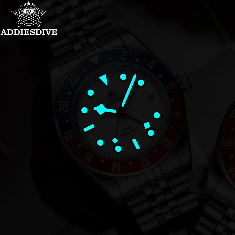 ADDIESDIVE Luxury GMT Men's Diving Watch 200m Waterproof Bubble Mirror Glass Quartz Watch BGW9 Blue Luminous Sports Watch AD2044