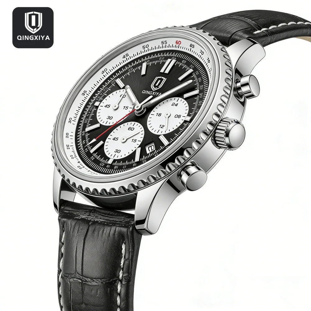 QINGXIYA Montre de luxe pour homme, à quartz, étanche, luminescente, avec date et chronographe, bracelet en cuir, montre-bracelet militaire et sportive pour homme, Reloj