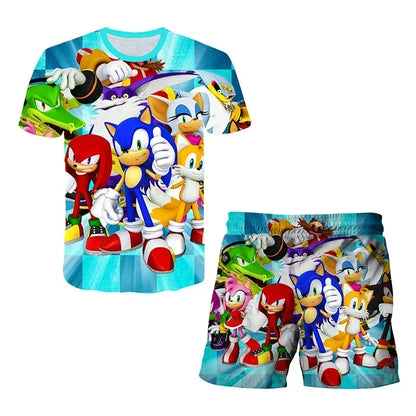 Sonic The Hedgehog Top Fashion 3D Anime Children's T-shirt Set Short Sleeve + Shorts Two-piece Set Girls Boys Cosplay Costume
