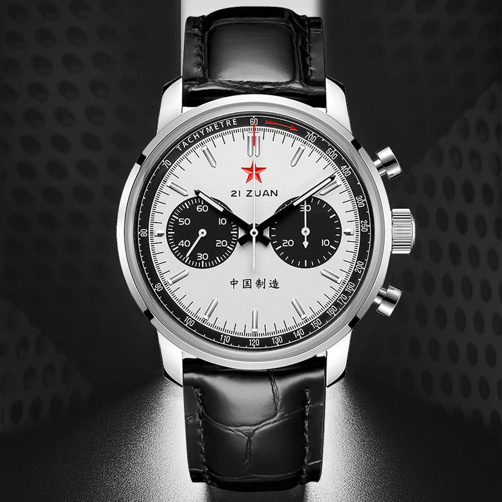 Red Star Panda Mens 1963 Chronograph Mechanical Wristwatch Seagull st1901 Movement Gooseneck 40mm Luminous Sapphire Pilot Watch