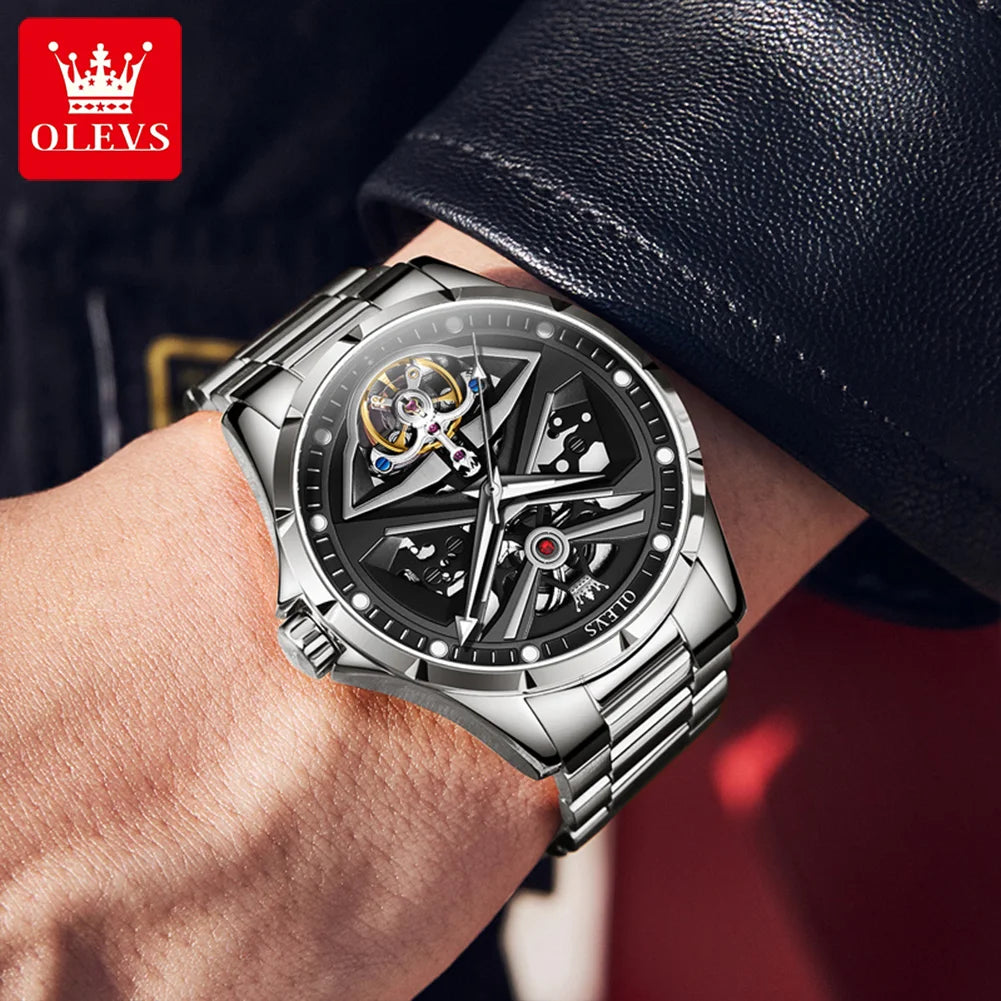 OLEVS 6655 Herrenuhr, vollautomatisches Skelettmodell; mechanische Luxusuhr, leuchtend und wasserdicht.