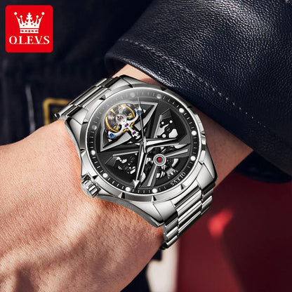 OLEVS 6655 Herrenuhr, vollautomatisches Skelettmodell; mechanische Luxusuhr, leuchtend und wasserdicht.