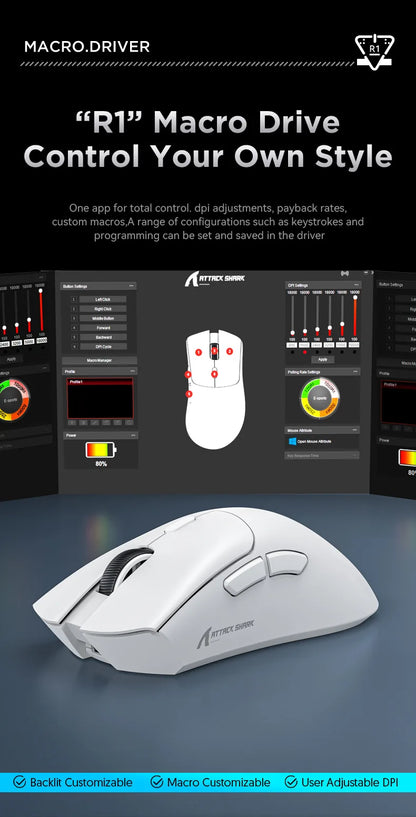 Mouse gaming wireless Attack Shark R1 leggero Bluetooth 2.4G PAW3311 18000DPI ergonomico con macro