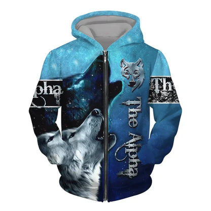 New 3D Wolf Print Men's Hooded Sweatshirt Street Punk Style Zip-up Jumper Oversized Jacket Coat Stylish Vintage Clothes Zip Coat