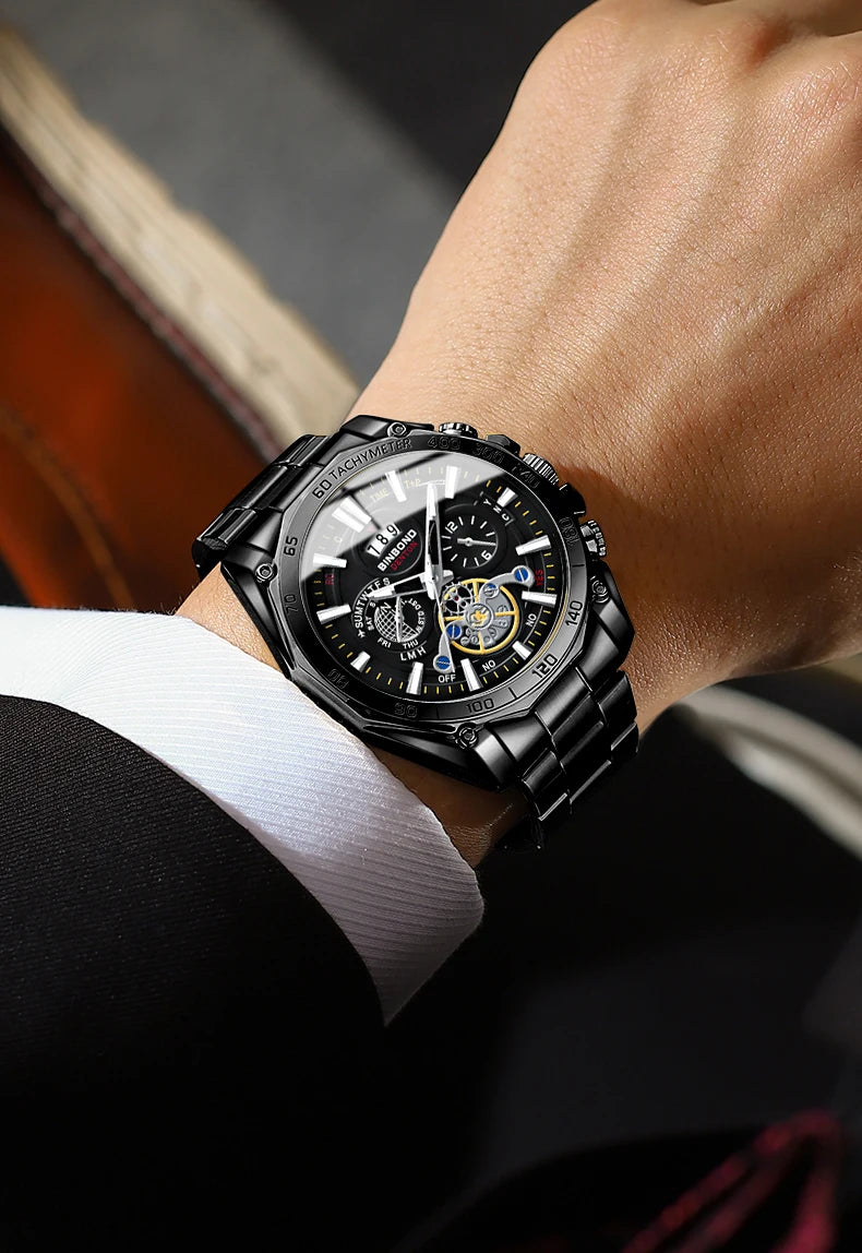 Montres à quartz de luxe BINBOND pour hommes, lumineuses, étanches, avec date automatique, précises et durables, style sport et affaires.