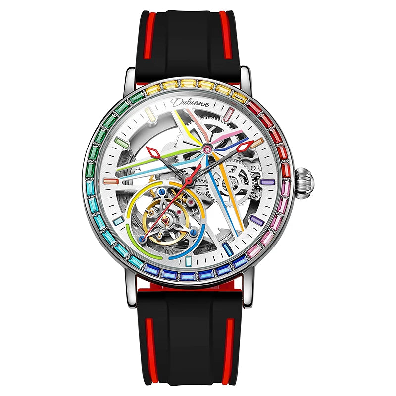 Rainbow Colored Gemstone Tourbillon Fashion Skeleton Watch Men Waterproof 30M Sports Watches Luxury Automatic Mechanical Clock