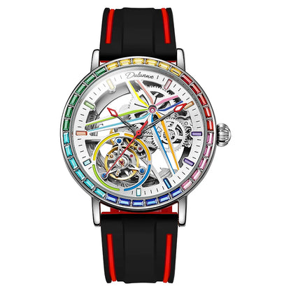 Rainbow Colored Gemstone Tourbillon Fashion Skeleton Watch Men Waterproof 30M Sports Watches Luxury Automatic Mechanical Clock