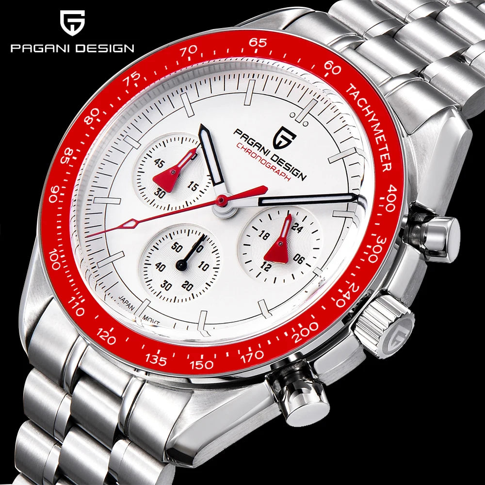 PAGANI DESIGN herenhorloge „New Moon“ – Luxe quartzhorloge, chronograaf, saffierglas met antireflectiebehandeling, keramische lunette, lichtgevende wijzers