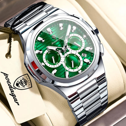 POEDAGAR Men’s Luxury Stainless Steel Quartz Watch  Waterproof Chronograph with Luminous Dial & Date