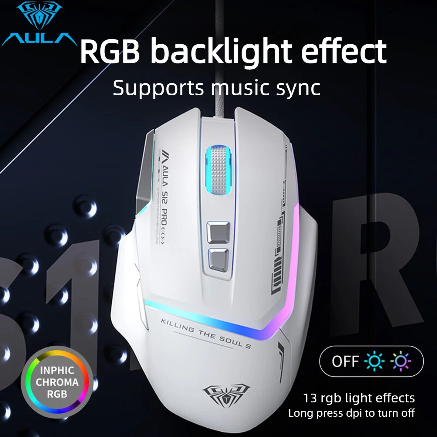 Akční nabídka AULA S12 Pro drátová herní myš 12800 DPI s RGB podsvícením, 8 programovatelnými tlačítky a ergonomickým designem pro PC a notebooky
