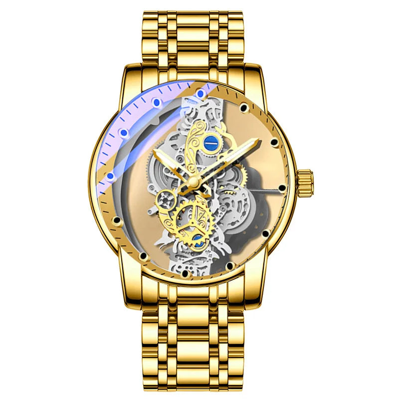 Trendové pánské hodinky, model s dvojitým víčkem, luxusní zlatý styl, imitace mechanického tourbillonu, quartzový strojek.